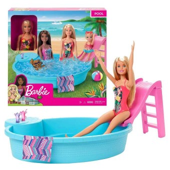 Barbie papusa cu piscina si topogan GHL91 set de joaca